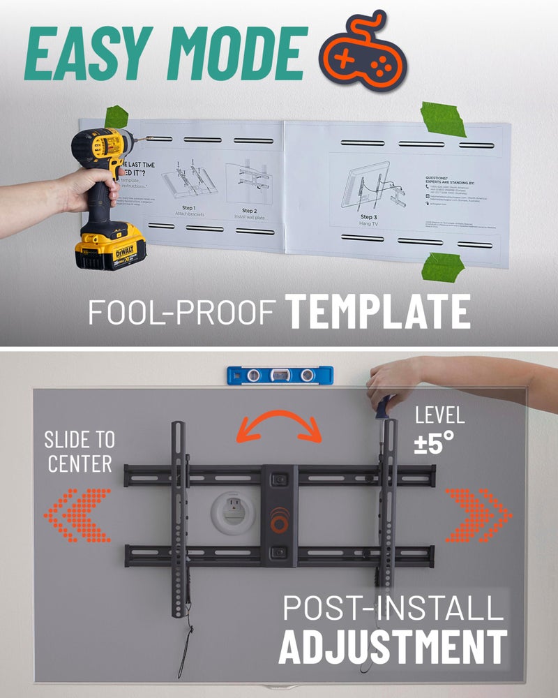 ECHOGEAR Heavy Duty TV Wall Mount Bracket for TVs Up to 90" - Low Profile Design Holds TV Only 2.25" from Wall - Fast Install with Template & Level After Mounting - Pull Strings for Cable Access - Image 5